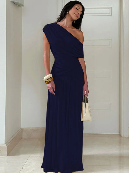 One Shoulder Ruched Sleeveless Solid Pleated Sexy Irregular Y2K Maxi Dress Summer Elegant Party Women Clothes Vacation