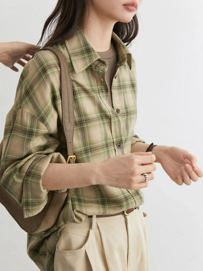 Women Shirts Loose Casual New Sanding Plaid Shirt Long Sleeve Medium Long Length Blouses Female Tops Spring Autumn 2025
