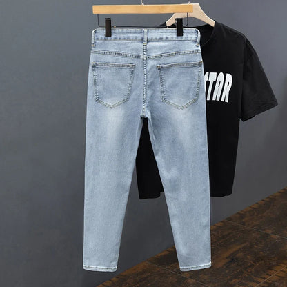 New Men's Little Feet Skinny Jeans Light Blue Spring Summer Thin Elastic Denim Pants Classic Korean Washed Cowboy Trousers