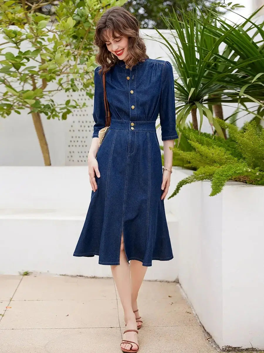 Women Denim Dress Retro Style Casual 2024 Spring Round Neck Three-quarter Sleeve Slim Fit A-line Fishtail Dress