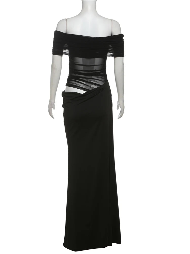 Ruched Irregular Dress Women Mesh Patchwork Slash Neck Short Sleeve Skinny Stretch Trend Elegant Long Bodycon Outfits