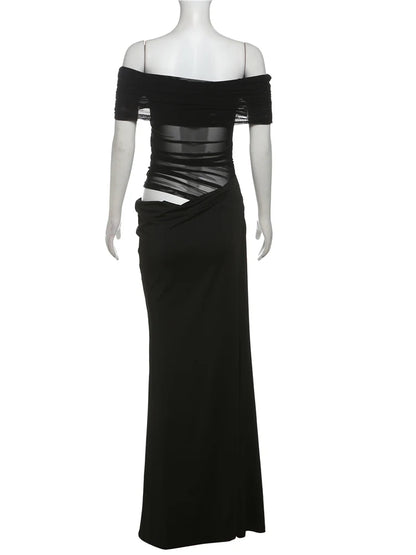 Ruched Irregular Dress Women Mesh Patchwork Slash Neck Short Sleeve Skinny Stretch Trend Elegant Long Bodycon Outfits