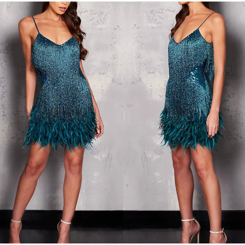 2025 New Sexy Tassel Sequins Feather Mini Dress Women Spaghetti Strap Stitching Dresses Female Elegant Evening Party Club Dress