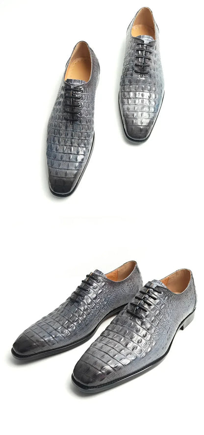 Deluxe Leather Shoes Crocodile Pattern Lace Up Wedding Shoes for Men Business Casual Leather Shoes Round Toe Height Increasing