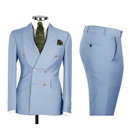 Lvory Shawl Lapel 2 Piece Suit Double Breasted Men's Jacket Pants with Gold Buttons Formal Wedding Groom Attire Prom Tuxedos