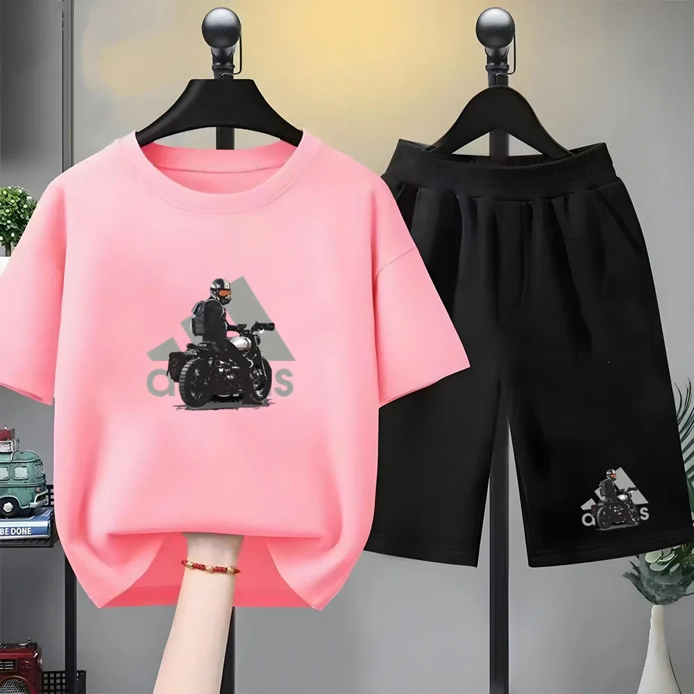 Kids black Summer Leisure Short Sleeve T-shirts+shorts Suits 3-12 Years Boys Girls Casual Outfits Children 2pcs Brand Clothes