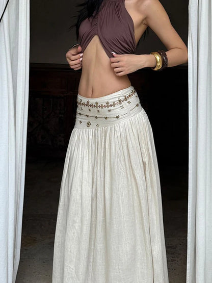 Vintage Beading Midi Skirt Women Vacation Beach Low Waist Skirts Summer Ladies Streetwear Korean Casual Design A Line Faldas New