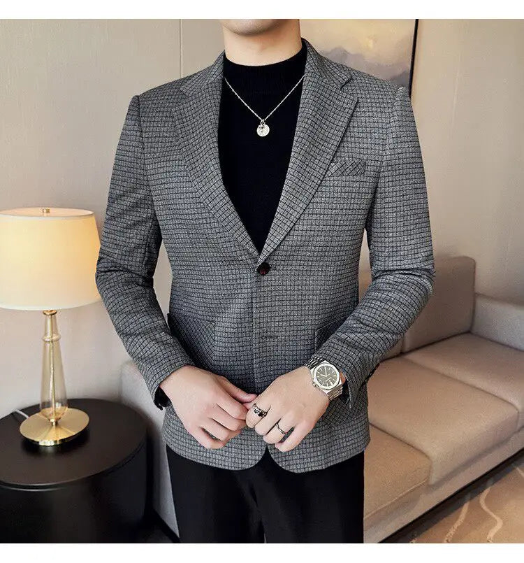 Men's Elegant Grid Suit Jacket 2026 Spring New Fashion Slim Blazer Jackets Social Prom Dress Jacket Men's High Quality Clothing