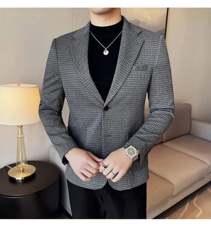 Men's Elegant Grid Suit Jacket 2026 Spring New Fashion Slim Blazer Jackets Social Prom Dress Jacket Men's High Quality Clothing