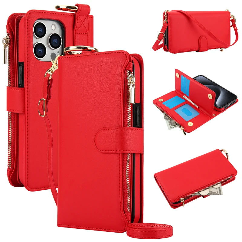 Multifunction Card Slots Holder Zipper Wallet Flip Phone Case for IPhone 15 14 13 12 11 Pro Max Plus XS XR X 15Pro Strap Cover