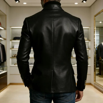 Vintage Men's PU Leather Blazer Slim Fit Double Breasted Stand Collar Jacket Gold Button Business Casual Wedding Prom Suit Coat