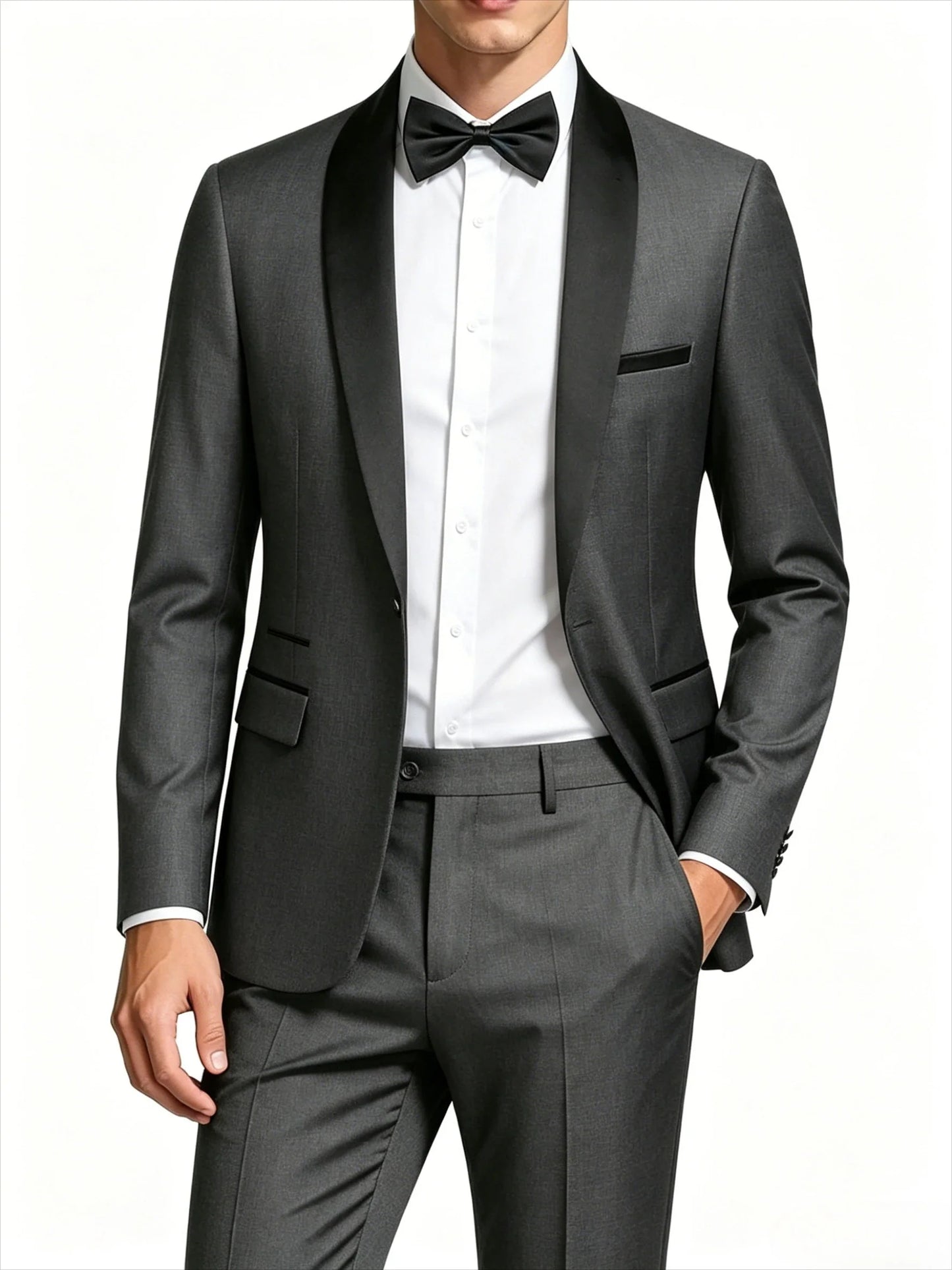 Men's Black Satin Shawl Lapel Tuxedo Suit 2 Pieces, Slim Fit Formal Blazer & Pants for Wedding Party Prom Groom Outfit