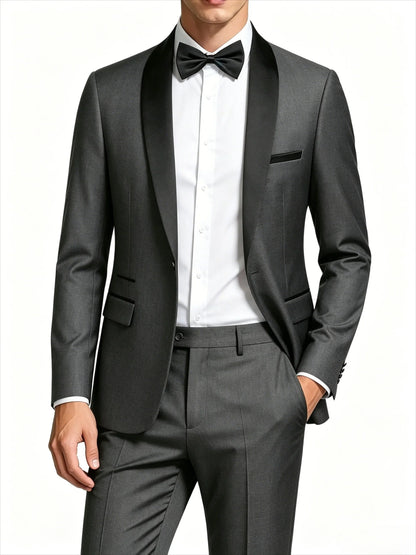 Men's Black Satin Shawl Lapel Tuxedo Suit 2 Pieces, Slim Fit Formal Blazer & Pants for Wedding Party Prom Groom Outfit