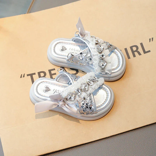 Kids Casual Shoes Fashion Sandals PU Leather Crystal Sequin Summer Shoes For Girls Breathable Silver Shoes Size 26-37