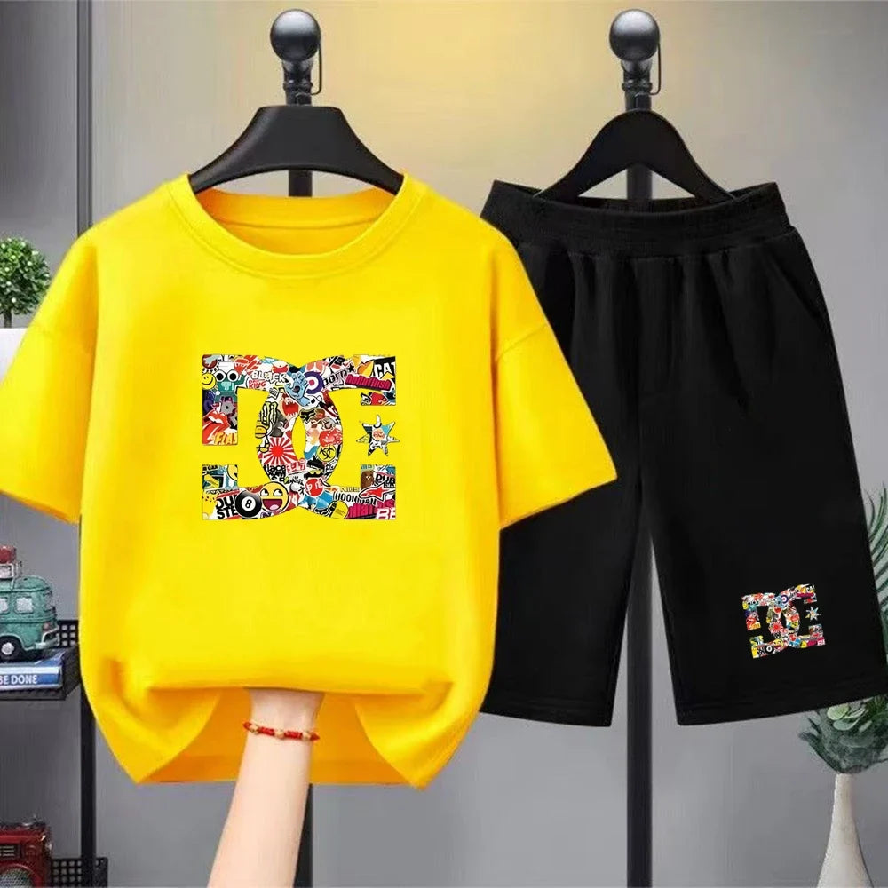 Kids Summer T-Shirt Sets Girls White Boy Black Red Casual T-Shirt+Shorts Printed Kids Outfits Teen Children's Loose Short Sleeve