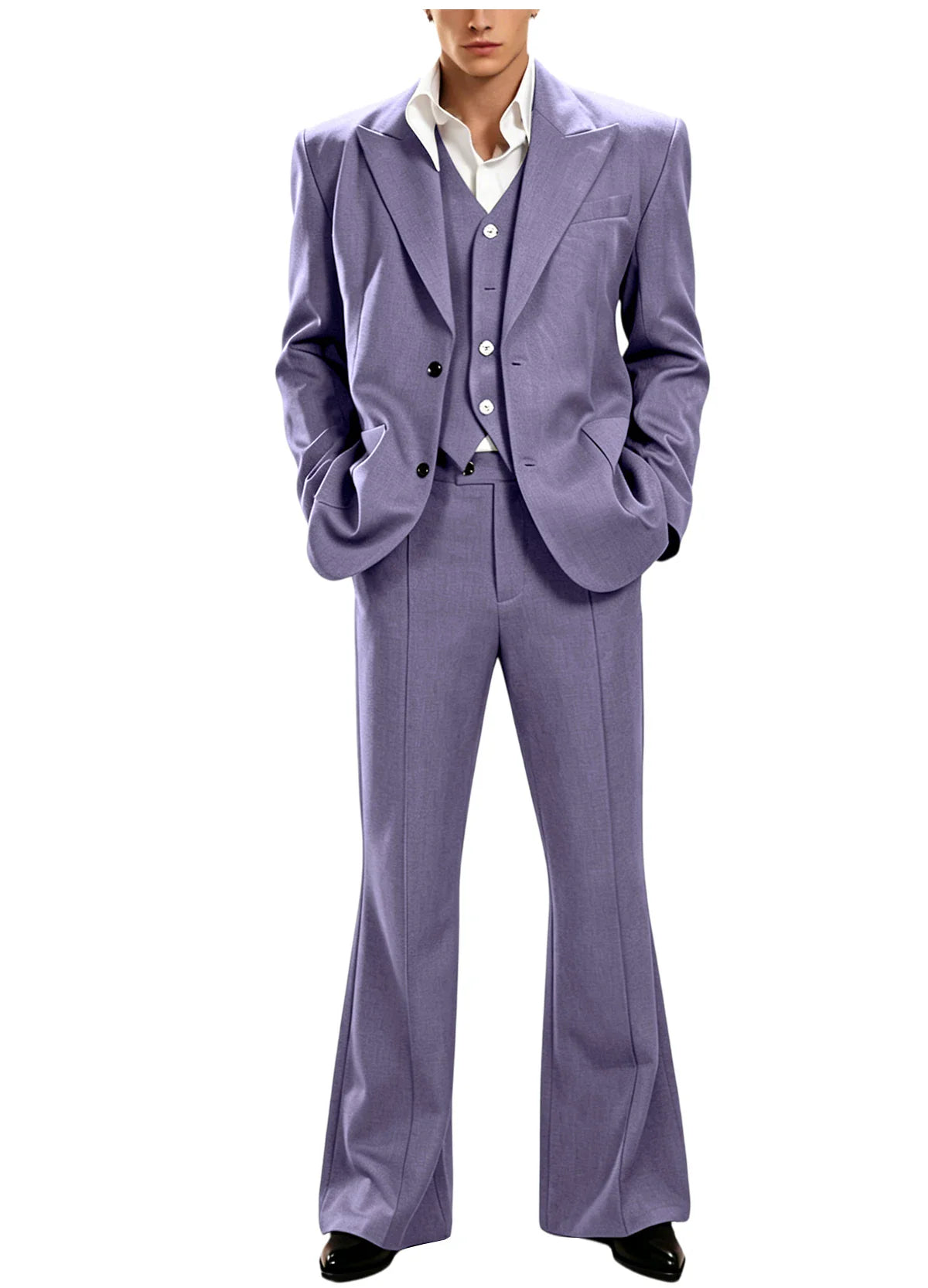 Vintage Men's 3 Piece Suit Set Peak Lapel Slim Fit 2 Button Double Breasted Blazer Vest Flared Pants for Formal Business Wedding