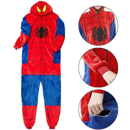 Spider Man Costume Pajamas Adult Spiderman Cosplay Costume Nightgown Home Flanne Hooded Sleepwear Jumpsuit Pajamas for Women Men