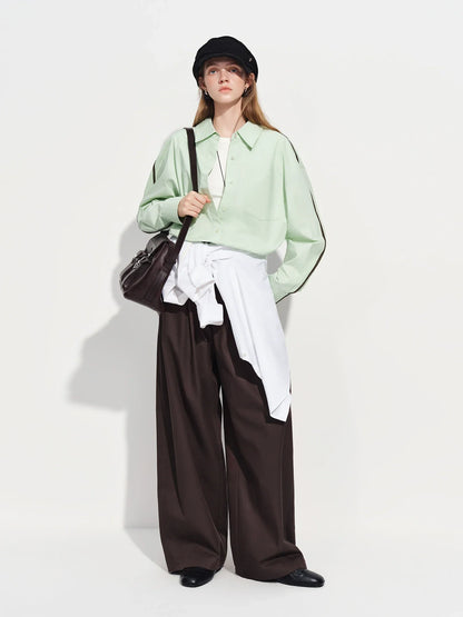 Women's French Loose Fit Cotton Shirt Long Sleeve Layering Top with Web Strap Detail Casual Oversized Blouse