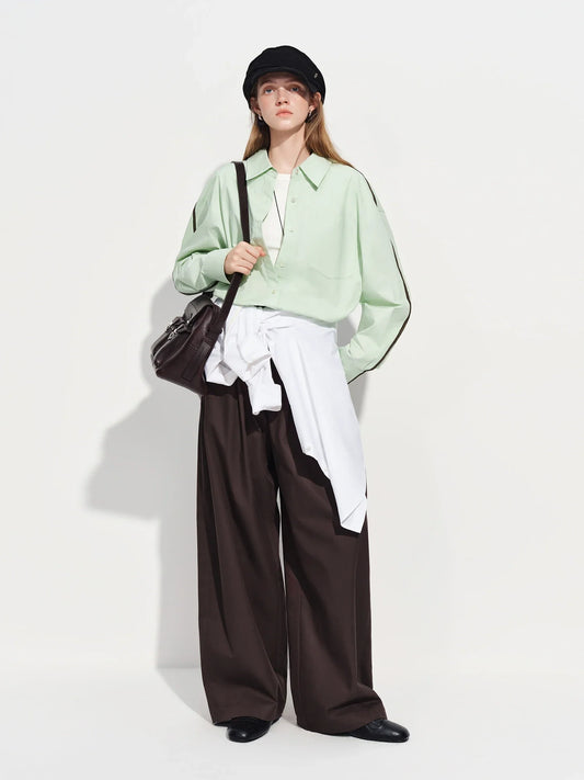 Women's French Loose Fit Cotton Shirt Long Sleeve Layering Top with Web Strap Detail Casual Oversized Blouse