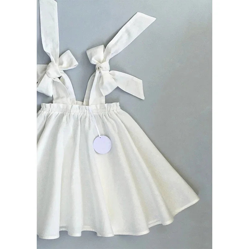 Summer Girl's Bow Tie Shoulder Straps 100% Cotton White Dress 2026 New Flower Girl Loose Vacation Party Princess Dresses