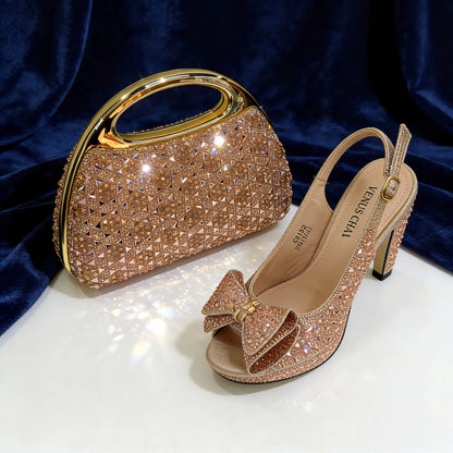 Elegant Italian Women's Party Shoe and Bag Set – Chic Champagne Rhinestone Peep-Toe High Heel Sandals Perfect for Weddings