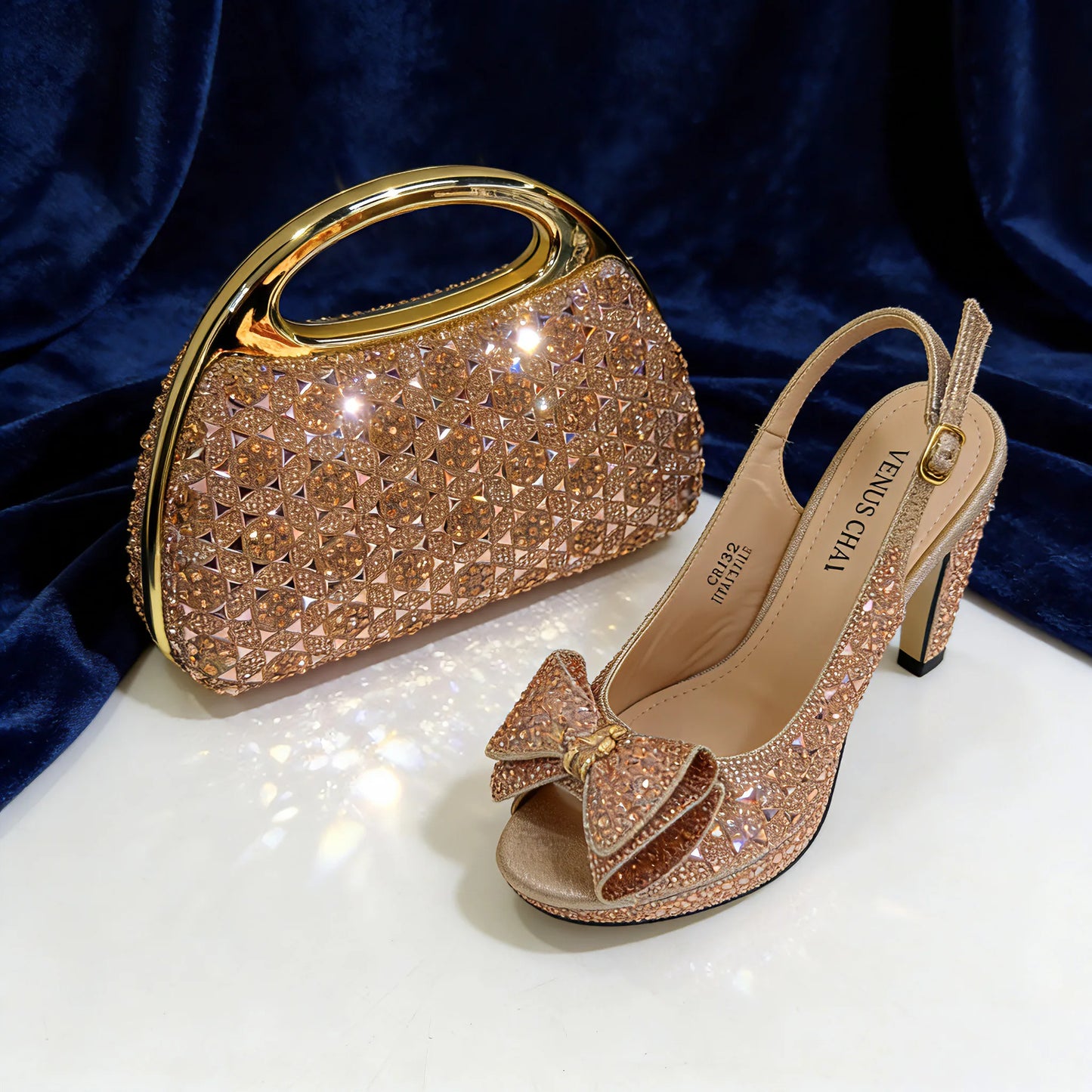 2026 Women’s Italian Gold High Heels with Rhinestone Detail & Matching Bag Set - Stylish Pointed Toe Design