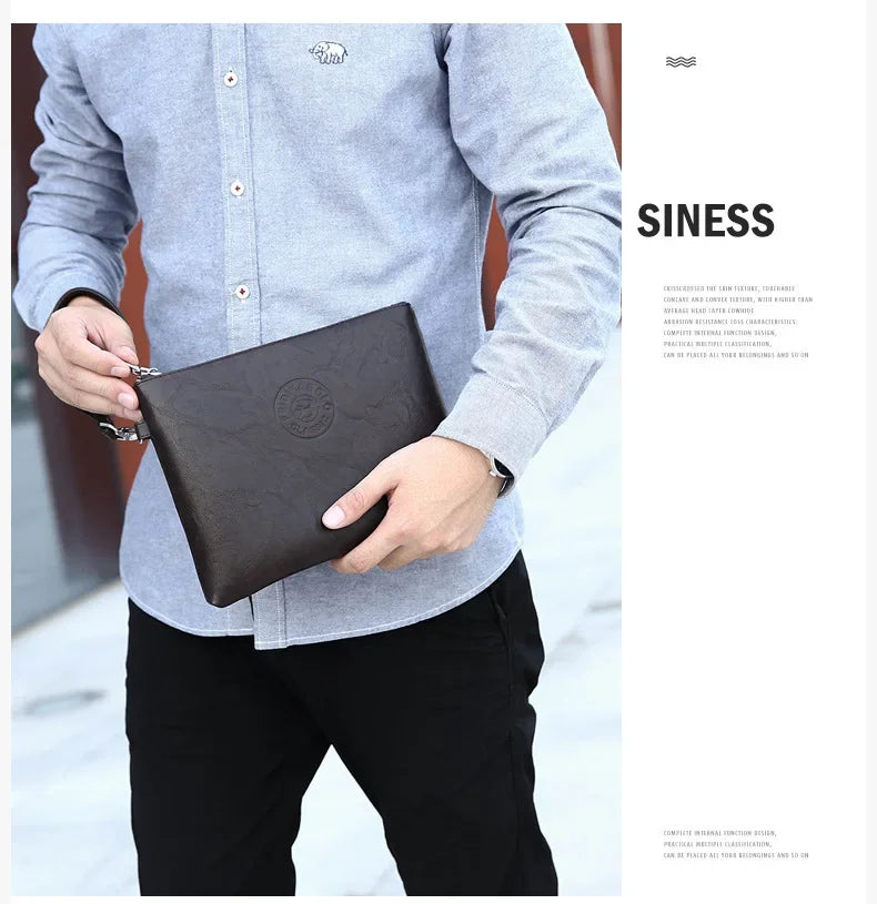 Nouvelle Pochette pour Homme Style Business Grand Portefeuille en Cuir PU Souple Homme avec Dragonne Sac Élégant Décontracté et Tendance Sac à Main Pochette Homme