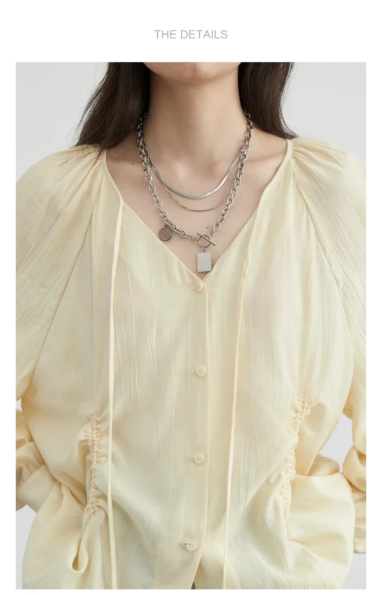 Women Loose Lace Up Shirt Solid New Korean V-neck Pleated Raglan Long Sleeved Blouses Female Tops Spring Summer 2026