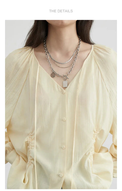Women Loose Lace Up Shirt Solid New Korean V-neck Pleated Raglan Long Sleeved Blouses Female Tops Spring Summer 2026