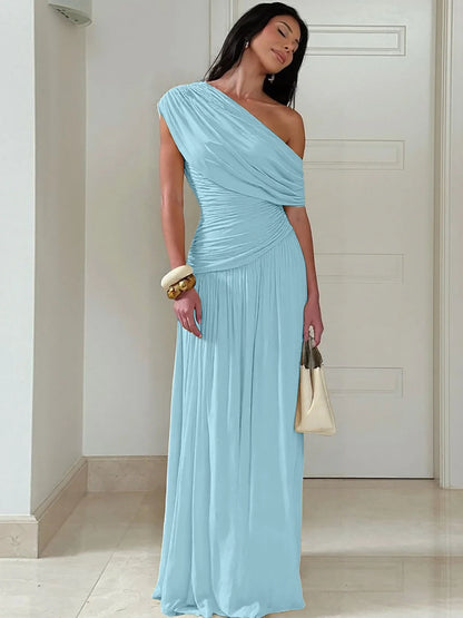 One Shoulder Ruched Sleeveless Solid Pleated Sexy Irregular Y2K Maxi Dress Summer Elegant Party Women Clothes Vacation