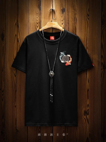 Mens Summer T Shirts Chinese Carp Embroidery T Shirt Men Vintage Graphic Tees Harajuku Cotton Casual Short Sleeve High Quality