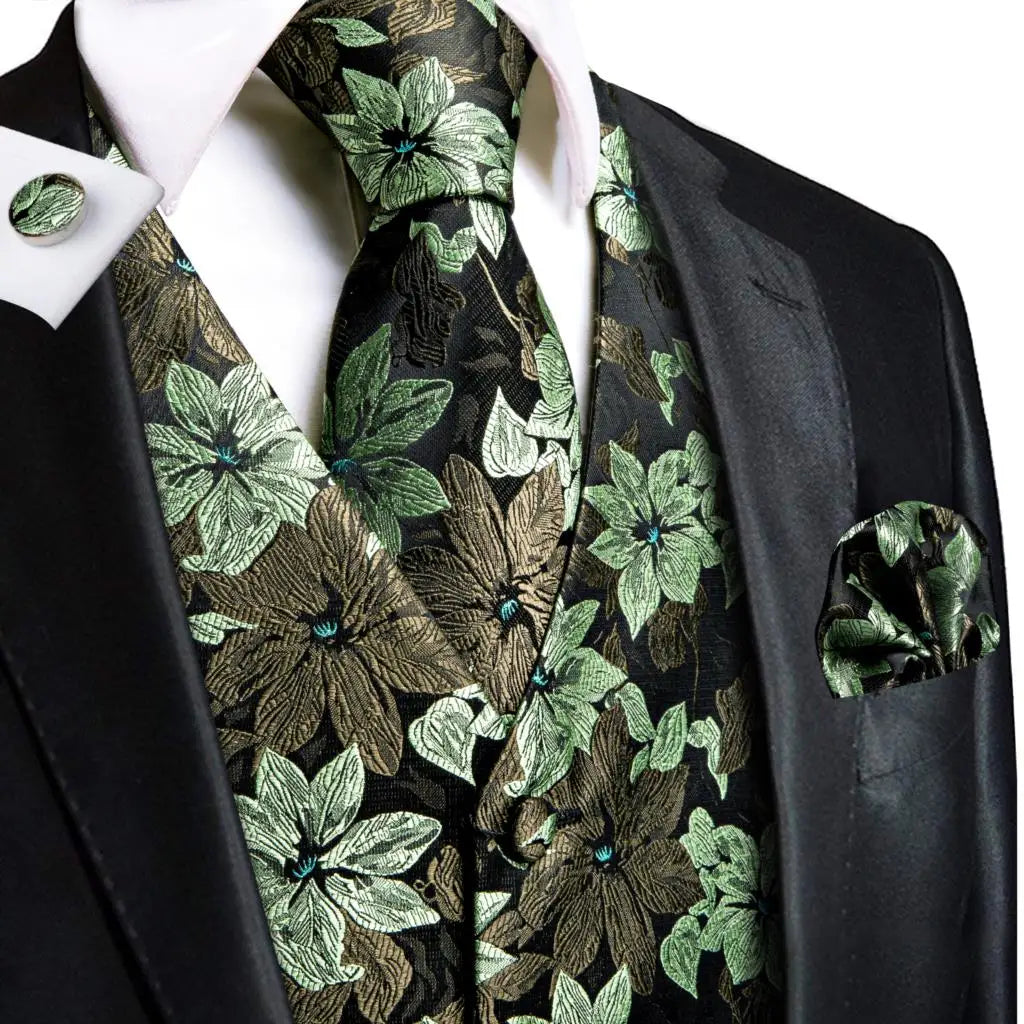 Luxury Mens Vests Black Gold Floral Jacquard Waistcoat Tie Hanky Cufflinks Brooch Set for Men Suit Wedding Office XL