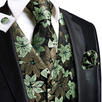 Luxury Mens Vests Black Gold Floral Jacquard Waistcoat Tie Hanky Cufflinks Brooch Set for Men Suit Wedding Office XL