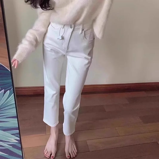High Waist Slim Fit Straight Leg Denim Jeans Women's Small Stature Elastic White Nine-Tenths 45cm e Tube Summer Jeans