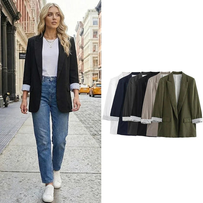 Women Fashion With Pockets Solid Blazer Vintage Notched Neck Long Sleeves Female Chic Lady Outfits