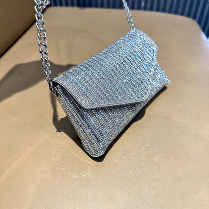 Rhinestones Bag for Women 2024 Mini Purses and Handbags Clutch Wallets Ladies PU Leather Chain Party Evening Shoulder Bag