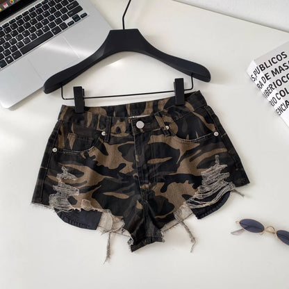 American Retro Camouflage Mini Shorts 2026 Ladies Hollow Out Slim Beach Pants Hot Girl Sexy Print Denim Shorts