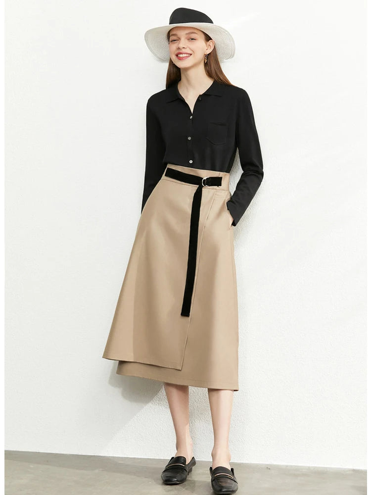 Minimalism Autumn Skirts Fashion Solid Belt Women Robe Causal High Waist Aline Irregular Hem Female Midi Skirt 12240752