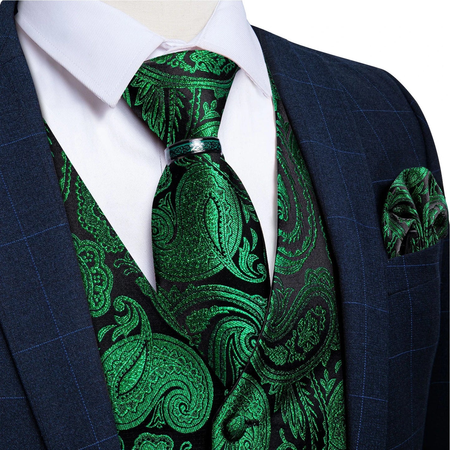 Luxury Green Paisley Solid Silk Suit Vest for Men Wedding Waistcoat Neck Tie Set Party Tuxedo Men Clothing DiBanGu
