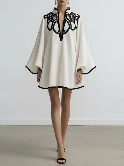 2026 New Hollowed V-neck Mini Dress for Women Flared Sleeves Pleated Dress Spring Stylish Contrast Trims Elegant Party Dress