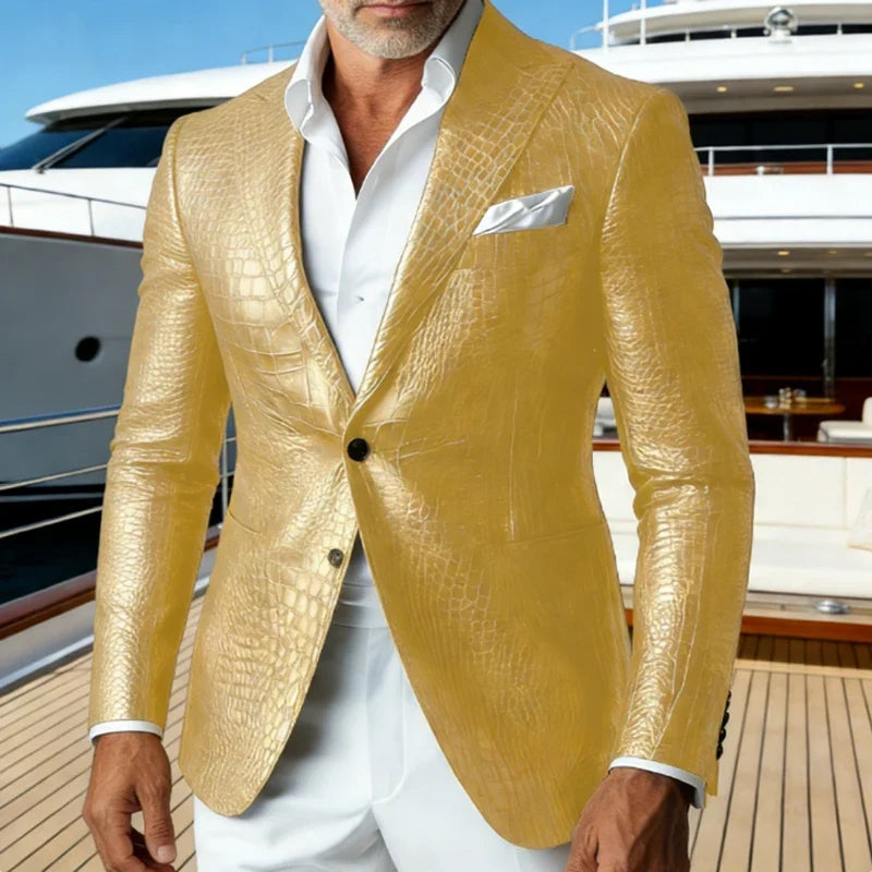 Luxury Men's Crocodile Embossed Leather Blazer Notch Lapel Suit Fit 1 Button Jacket Shiny Croc Print Formal Business Party Coat