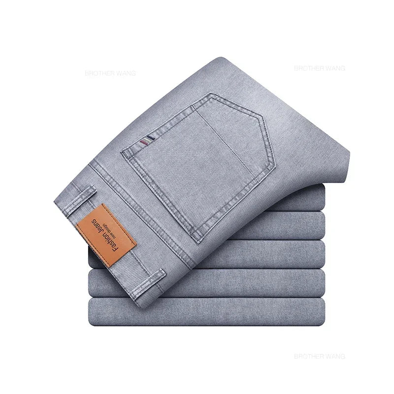Summer Brand Men's Fit Straight Lightweight Cotton Stretch Jeans Business Casual High Waist Thin Light Grey Jeans mens pants