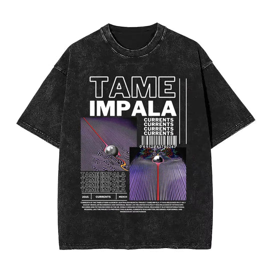 VintageWashed  Pop Rock Band Tame Impala Currents Graphic Print T Shirts Men Women Casual Cotton Oversized Short Sleeve T-shirt
