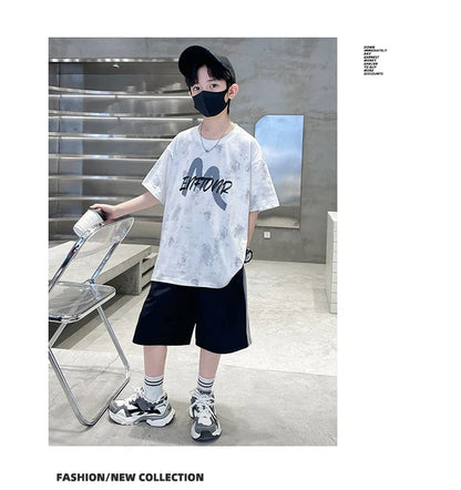 New Casual Boys Cotton Top summer Bottoms Clothes Set for Teenager Child Fashion Outfit Kids T-shirt Shorts Two Pieces Clothing