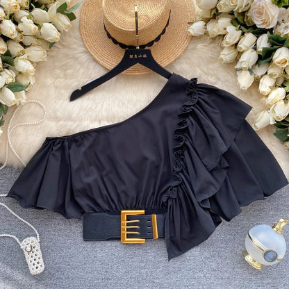 American Chic Blouse for Women Flounced Edge Skew Collar Bare Midriff Belt Skinny Shirts Summer Casual Female Tops Dropshipping