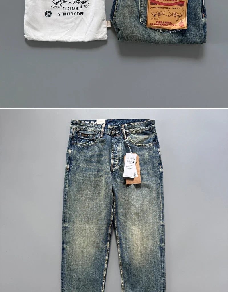 13.5oz Men's Japanese Indigo Blue Selvedge Straight Leg Denim Jeans for Men Artisan Vintage Spring Washed with Raw Hem Detailing