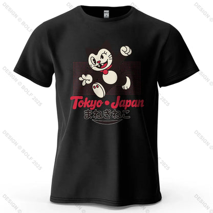 Tokyo Japan Maneki Neko Printed Men's T-Shirt 100% Cotton Oversized Cute Graphic Tees for Women Tops Tees Streetwear