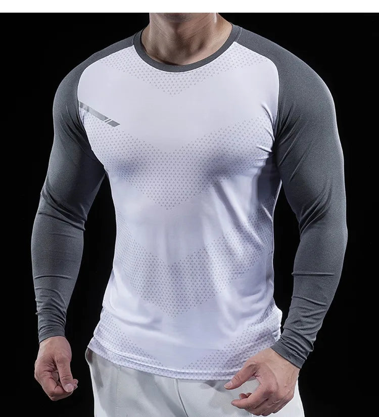 Autumn Winter Men Gym Fitness Display Long Sleeve T-Shirt Crew Neck Elastic Moisture Wicking Tights Running Training Bottom Top
