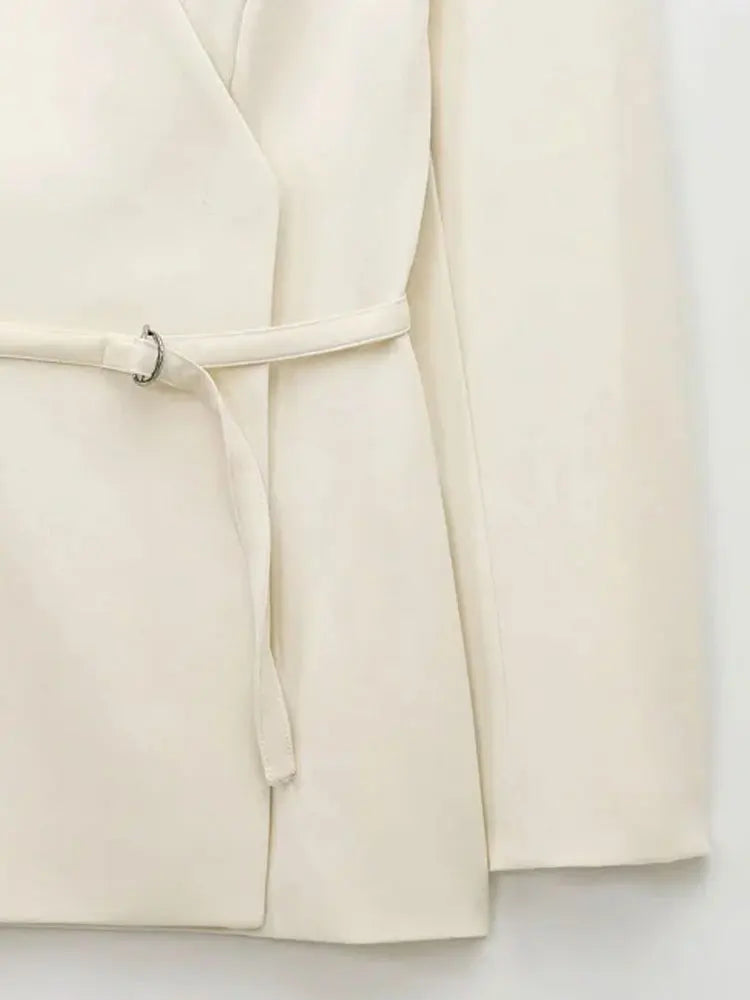 Women's Chic V-Neck Blazer Coat with Belt Long Sleeve Snap-Button Fashion Outerwear Top