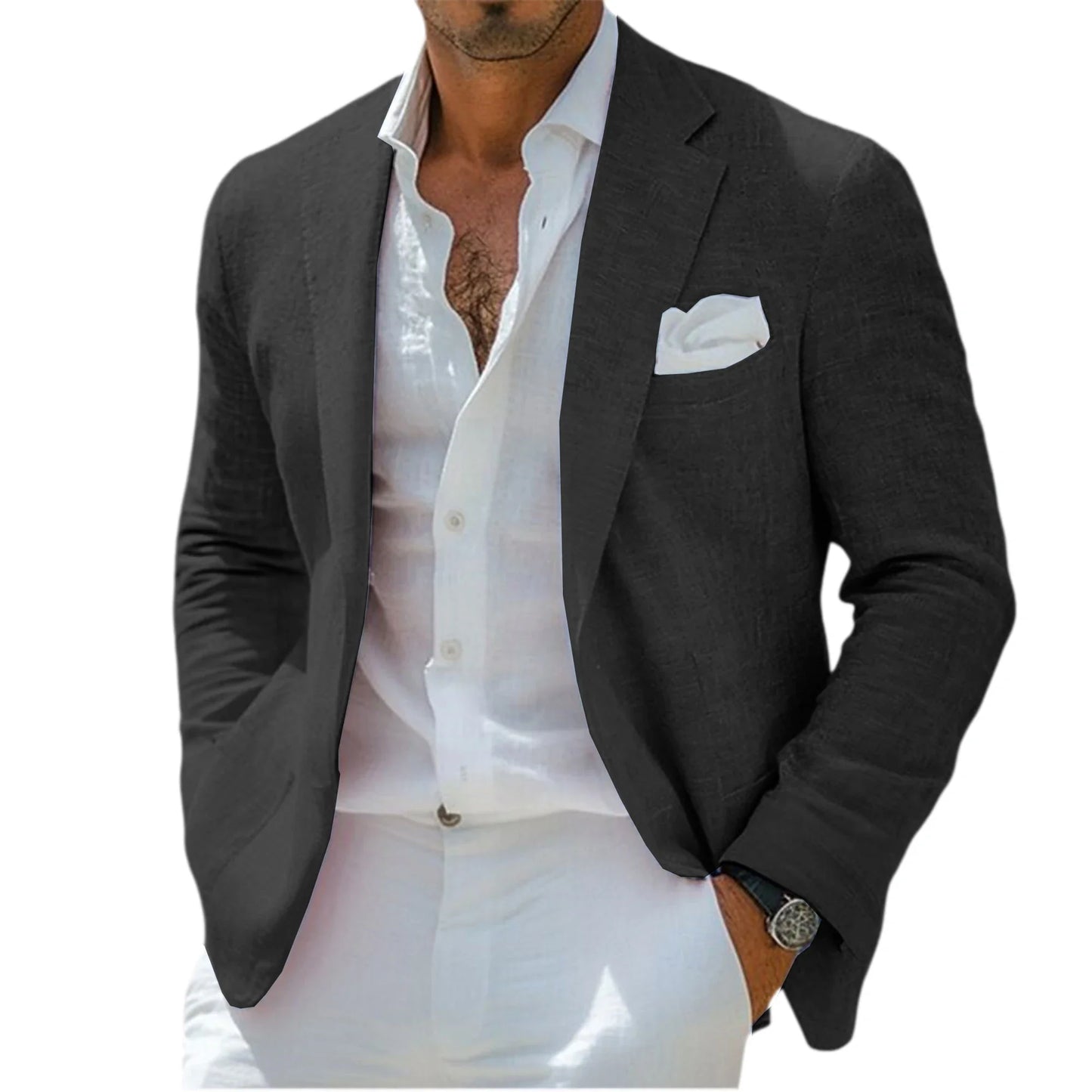 Men's Linen Blend Blazer Notched Lapel Single-Breasted Casual Business Sport Coat Slim Fit Breathable Lightweight Jacket